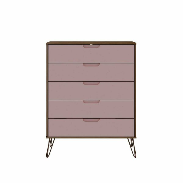 Designed To Furnish Rockefeller 5-Drawer Tall Dresser with Metal Legs in Nature & Rose Pink, 44.57 x 35.31 x 21.57 in. DE2616367